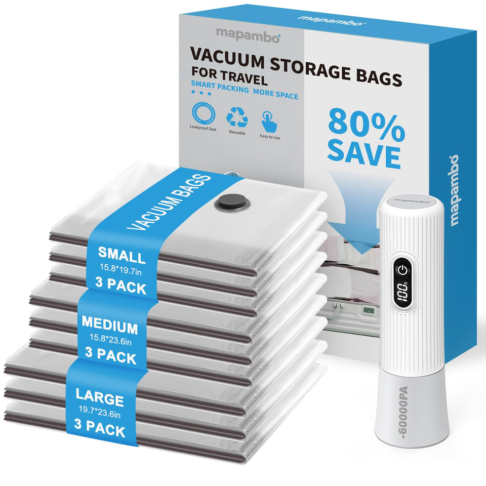Mapambo vacuum bags with 60,000 Pa suction for strong compression.