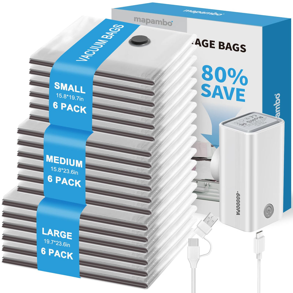 Mapambo vacuum bags with pump show compact packing for travel.