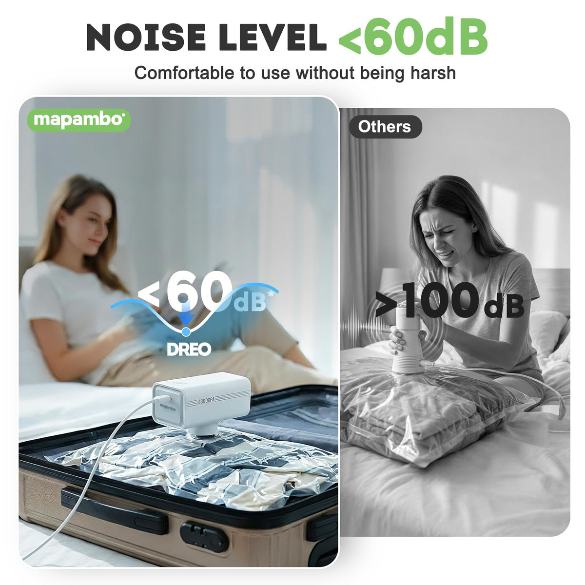 Mapambo vacuum bags with quiet pump enable peaceful packing on flights.