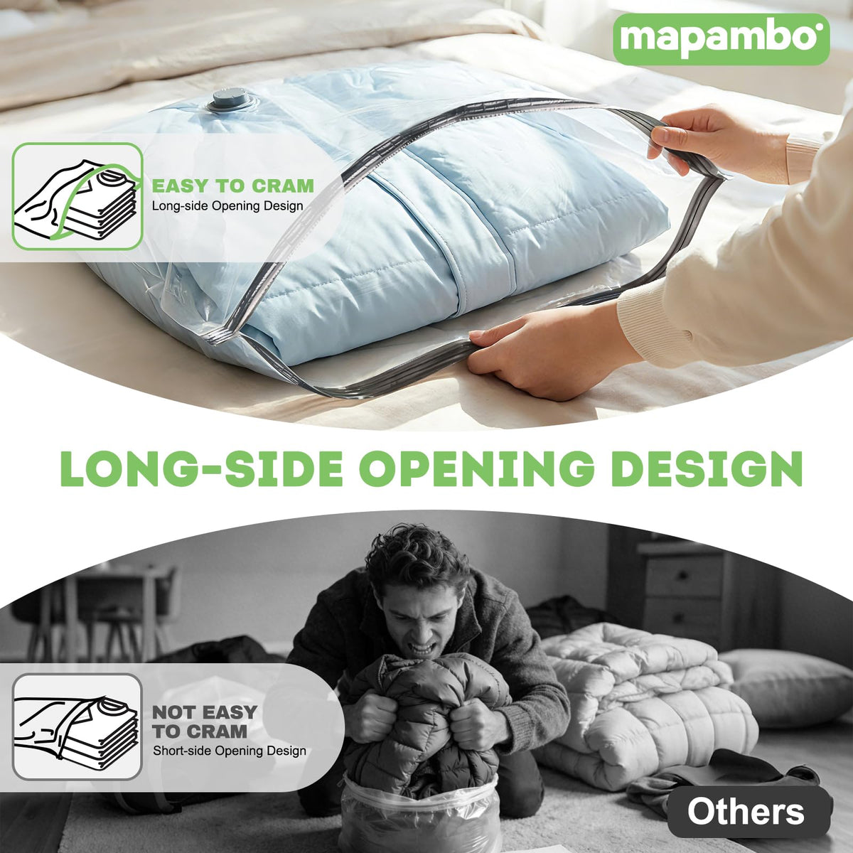 Mapambo vacuum bags feature triple-sealed valve for leak-free storage.