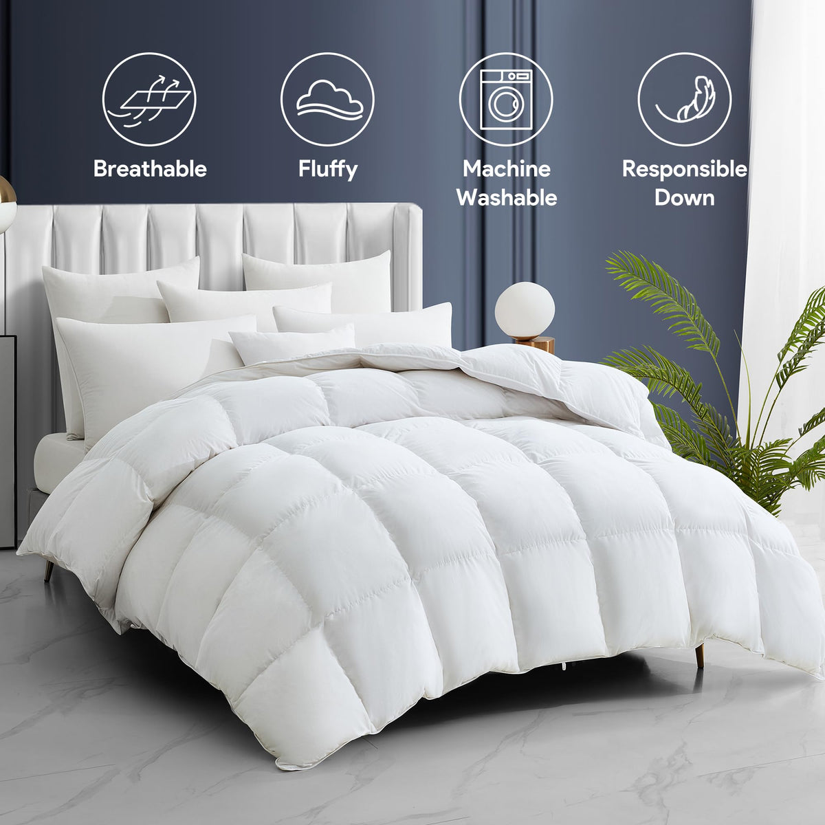 Maple&Stone duvet care shot demonstrates machine washability and low tumble-dry.
