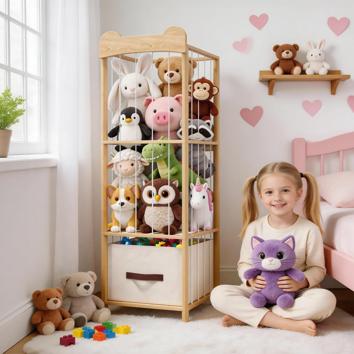 MapleGrace plush toy storage rack helps keep nurseries and playrooms tidy.
