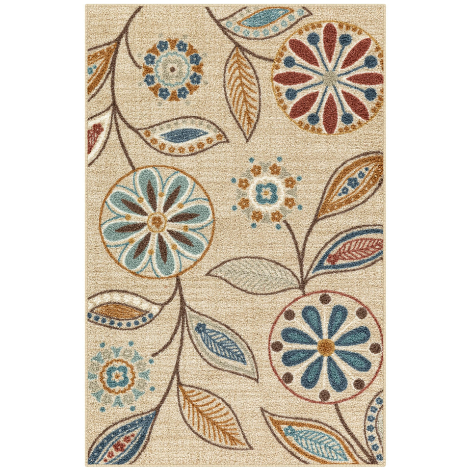 Maples Rugs Reggie floral kitchen rug beige adds durable, easy-care style to any entryway.