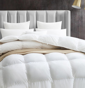 MapleStone all-season comforter on bed demonstrating versatile warmth for year-round comfort.