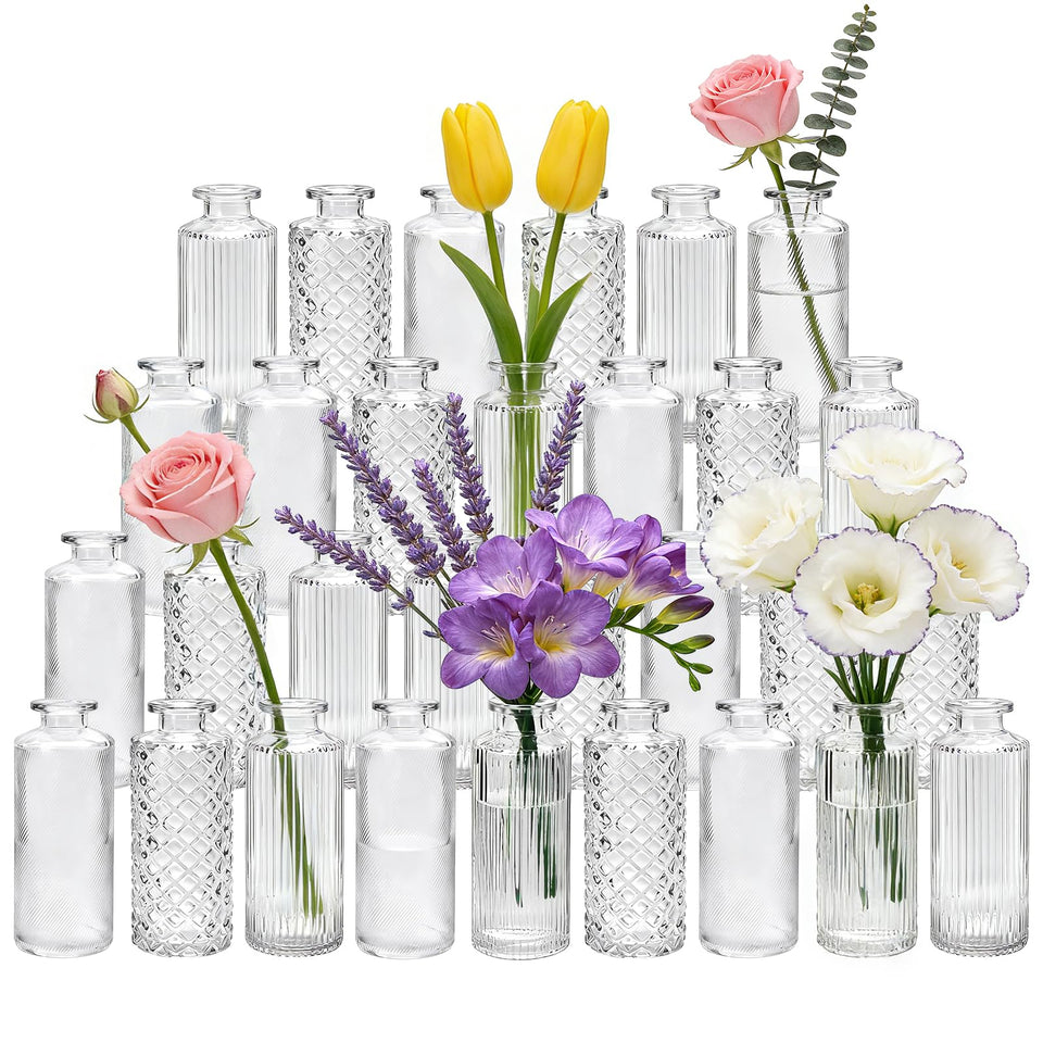 Mapoxy glass bud vase with vertical rib pattern, ideal for elegant single-stem centerpieces.