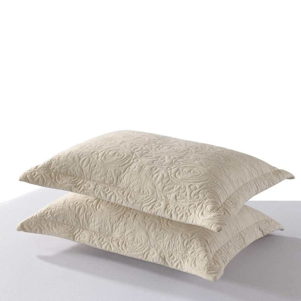 MarCielo beige embroidered pillow sham, front view showing refined texture and color