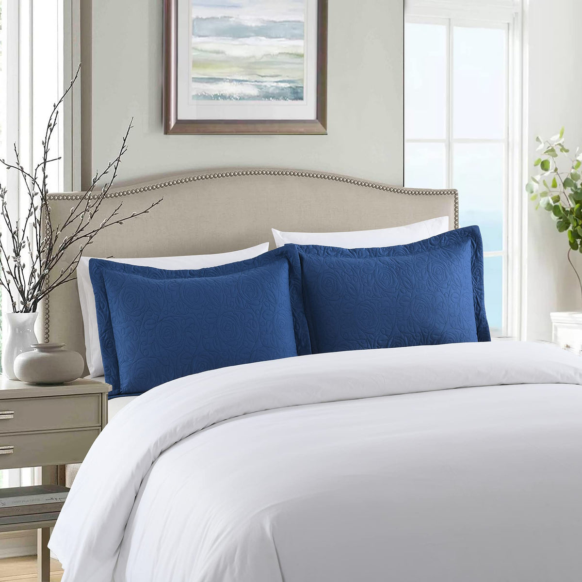 MarCielo king size navy pillow sham with crisp embroidery detail.