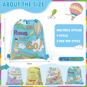 Marhpveua Oh The Places You'll Go bag showing balloons and castles for graduation party favors