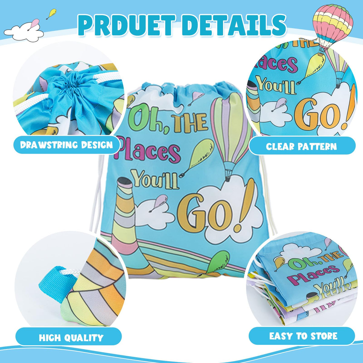 Marhpveua Oh The Places You'll Go drawstring bag featuring bright prints for school or travel