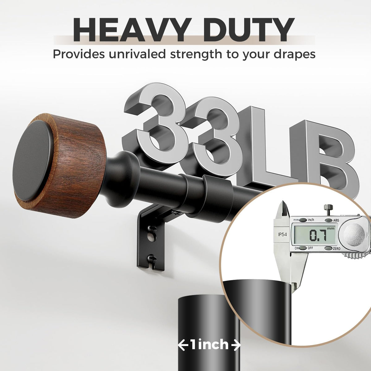 MARHSIPE wood grain curtain rod length shows adjustable width range.