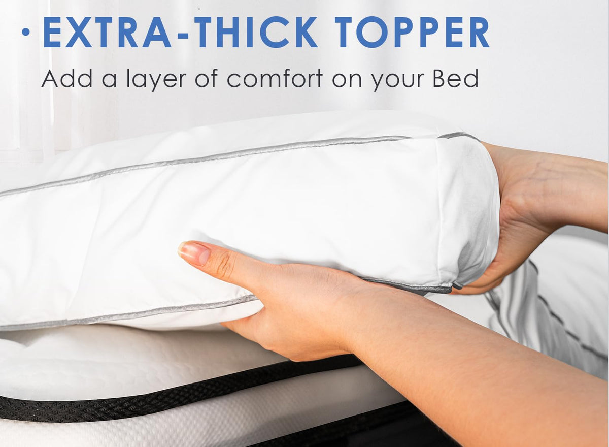 Marine Moon queen-size topper with soft-fill enhances mattress comfort.