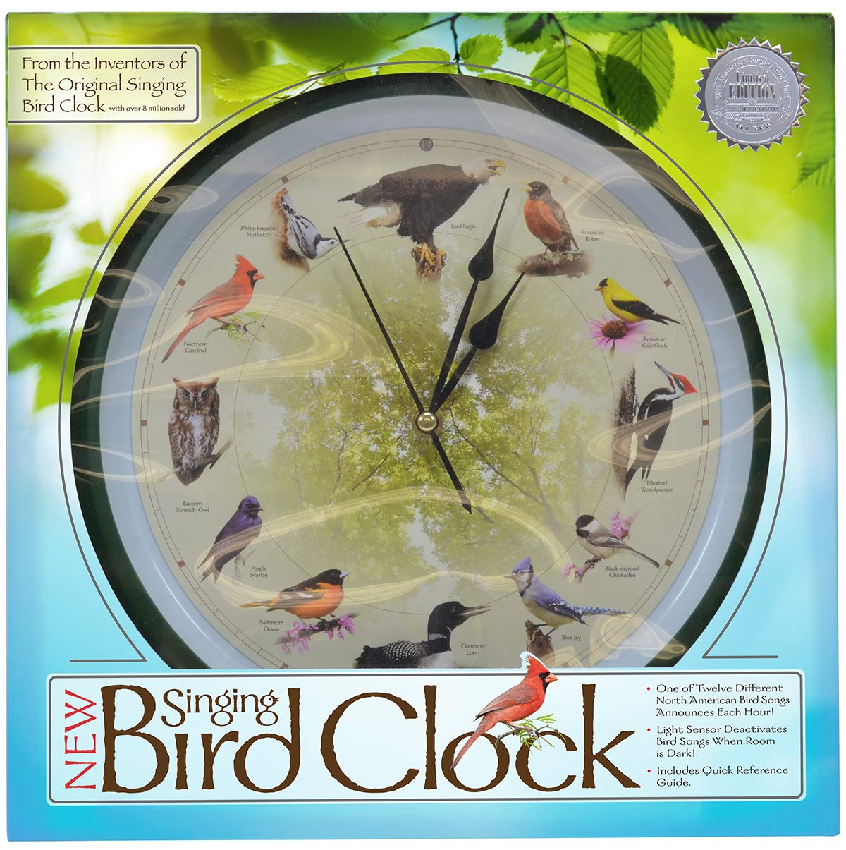 Mark Feldstein clock’s imagery shows the bird visuals paired with hour markers.