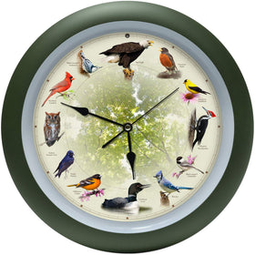 Mark Feldstein 20th Anniversary Singing Bird Clock front view enhances timeless living room decor.