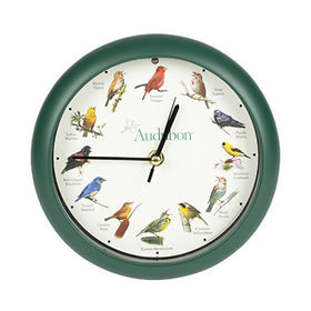 Mark Feldstein Audubon clock face in green with bird artwork, ideal for nature-inspired decor.