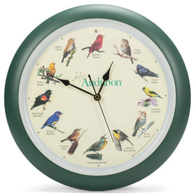 Mark Feldstein Audubon singing bird wall clock front view in green, stylish living room centerpiece