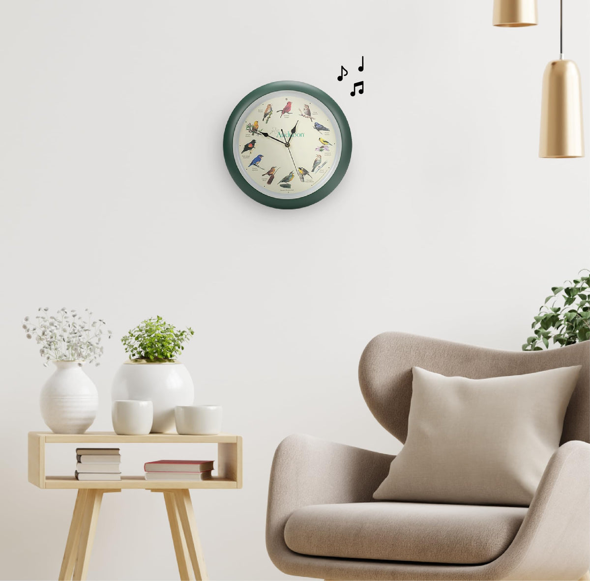 Mark Feldstein Audubon singing bird wall clock green tone complements nature-inspired decor