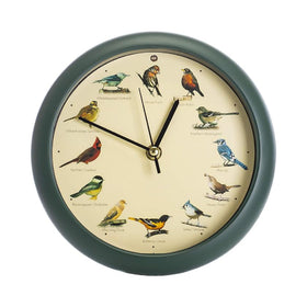 Mark Feldstein original singing bird clock 8-inch green wall display with authentic bird songs for natural ambience