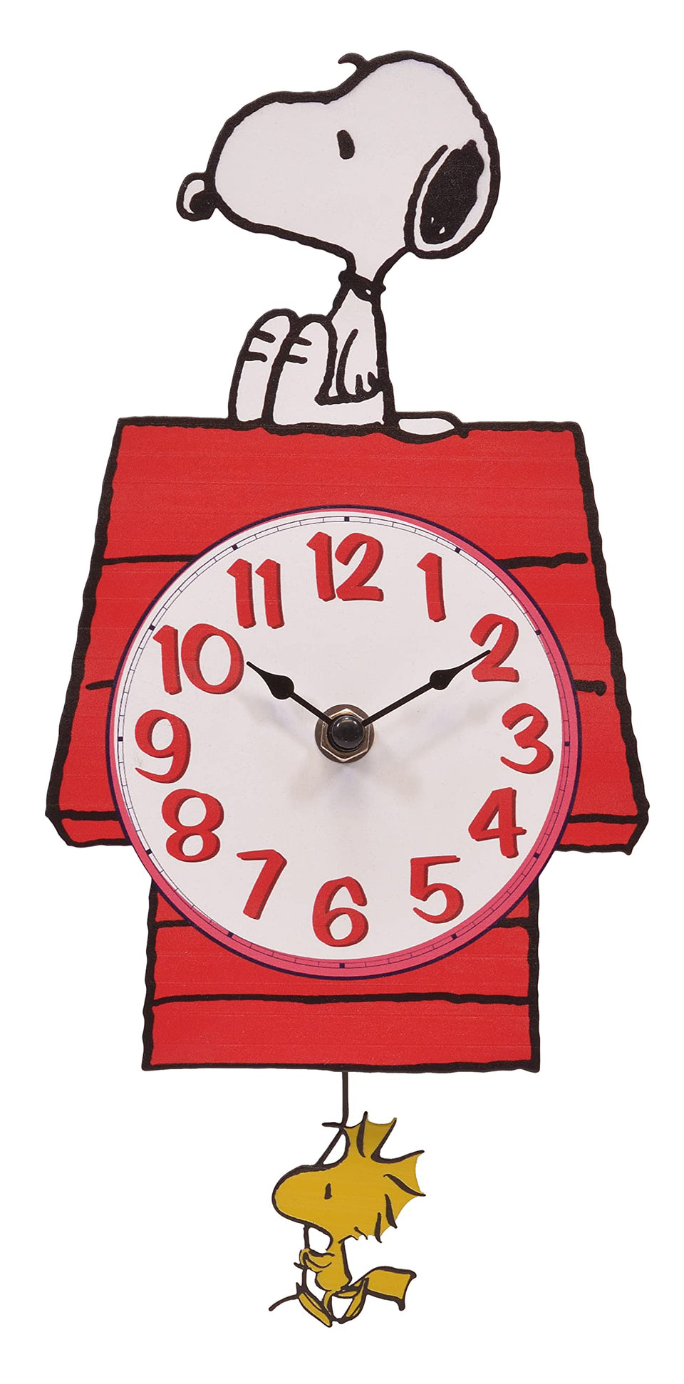 Mark Feldstein Snoopy dog house clock with Woodstock pendulum, charming Peanuts decor for living rooms.