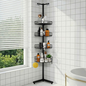 Marovitax standing shower caddy corner demonstrates freestanding setup for clutter-free bathrooms.