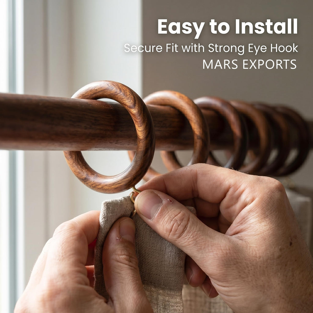 Mars Exports rosewood finish brings natural warmth to window treatments