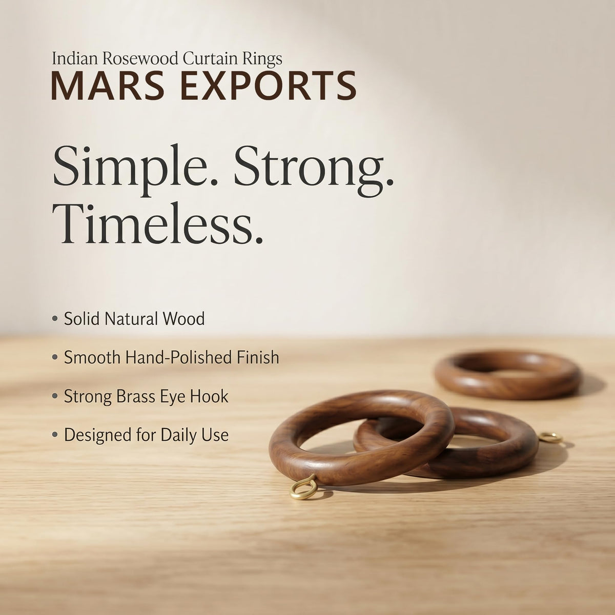 Mars Exports rosewood curtain ring close-up shows buff finish and natural grain