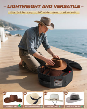 Marscamd vegan leather hat box open with hats for easy access.