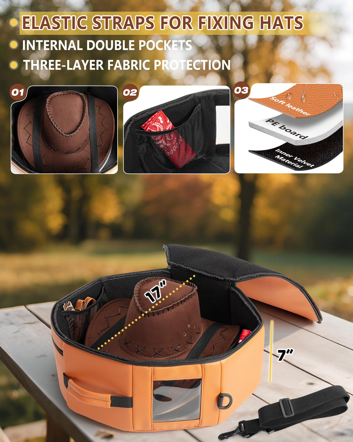Marscamd travel-ready hat box with side handle and strap for easy transport
