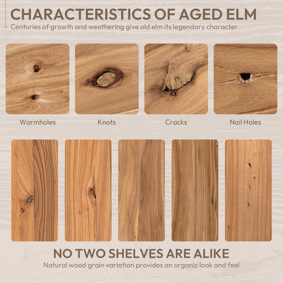 Marsmiles reclaimed elm wood texture highlights knots and grain for rustic charm
