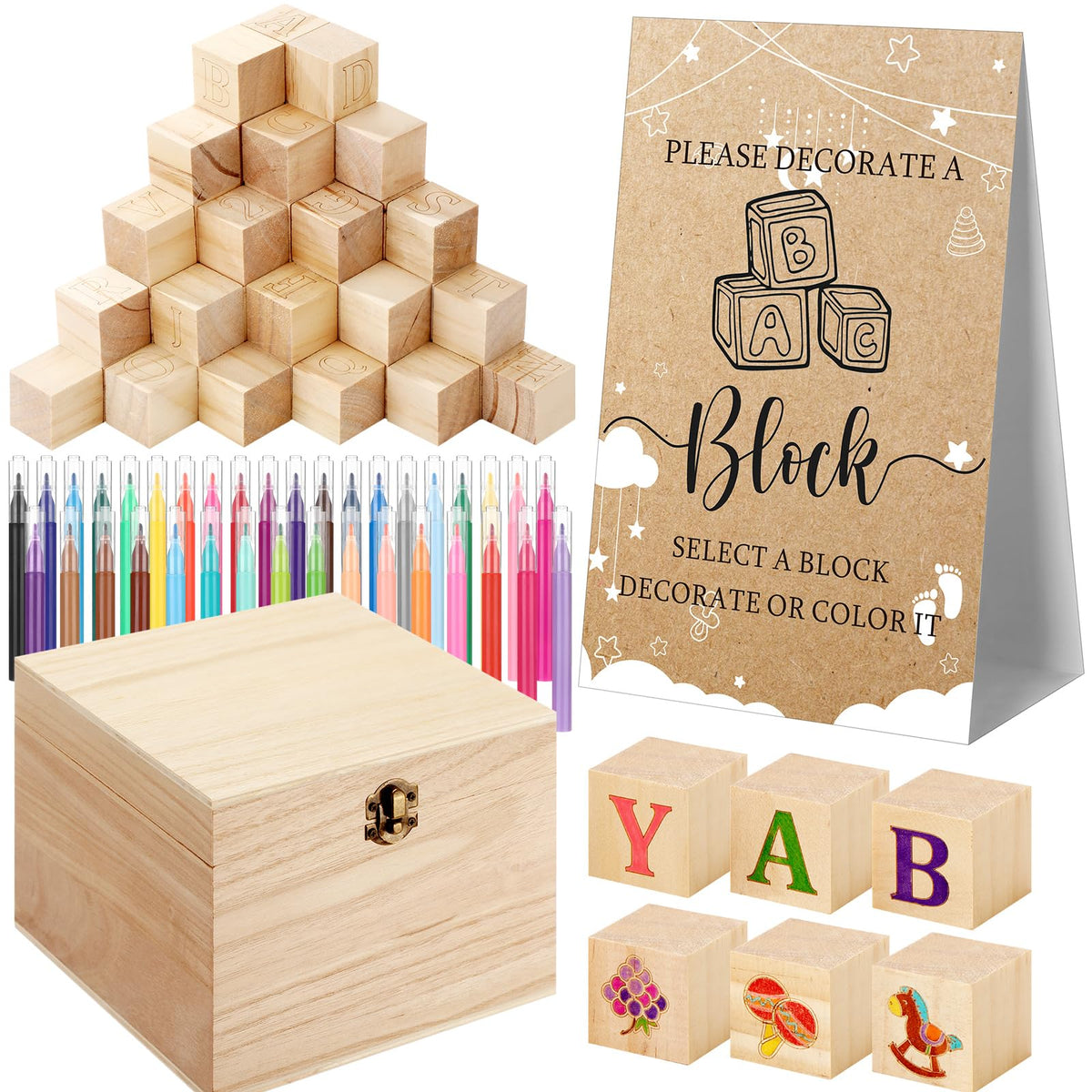 Marsui baby shower blocks set featuring 98 wooden blocks for interactive play and keepsake memories.