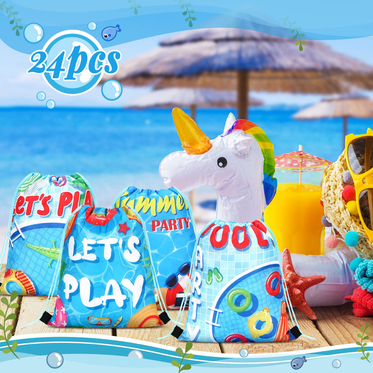 Marsui beach theme bags in lake blue with patterns.