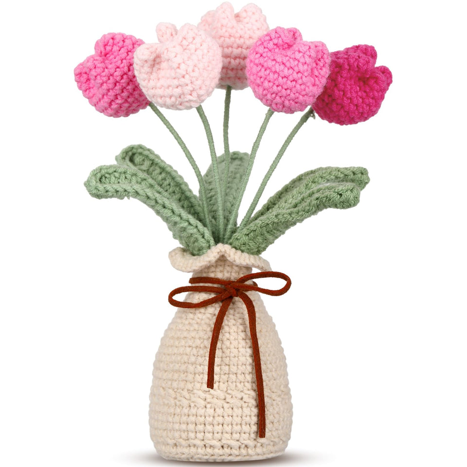 Marsui crochet tulip bouquet in pink with vase enhances home decor and warmth.