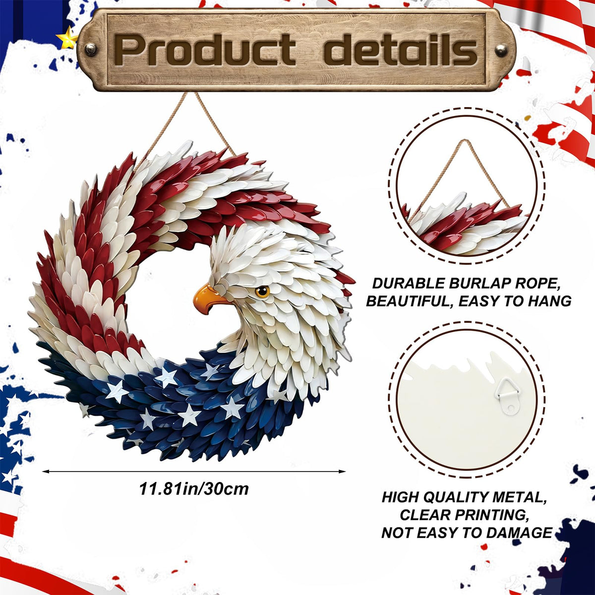 Marsui red white blue metal wreath boosts festive mood on porches.