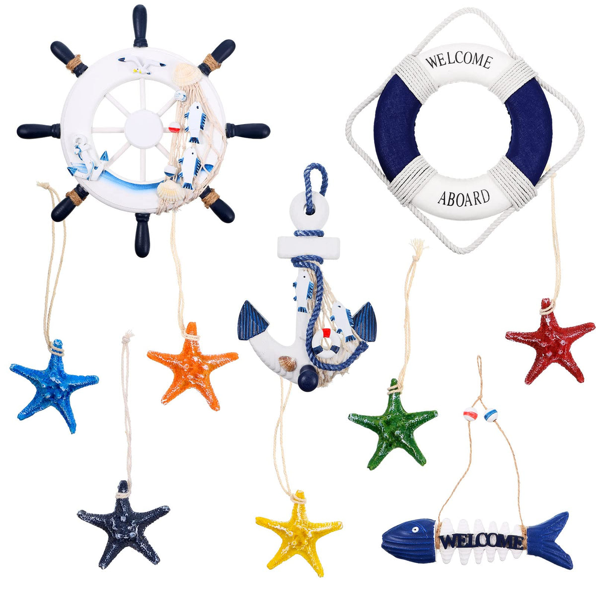 Marsui Ship wheel decor adds maritime focal point.