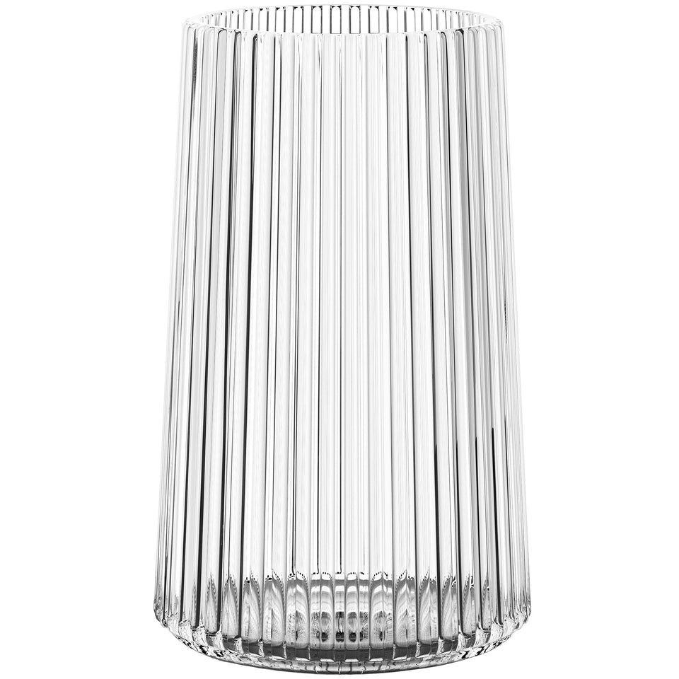 MARTAGE clear glass vase 8in side view highlights sleek ribbed design for elegant centerpieces.