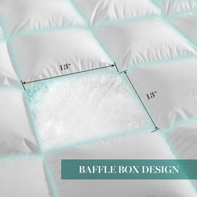 Martha Stewart comforter displayed on bed shows hotel-style fullness and crisp white fabric.