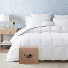 Martha Stewart Luxury duvet insert detailed label highlights hypoallergenic fibers for sensitive sleepers.