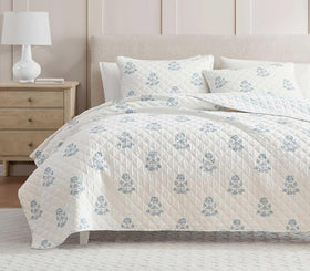 Martha Stewart Queen Quilt Set with flower block print blue adds color and charm to your bed