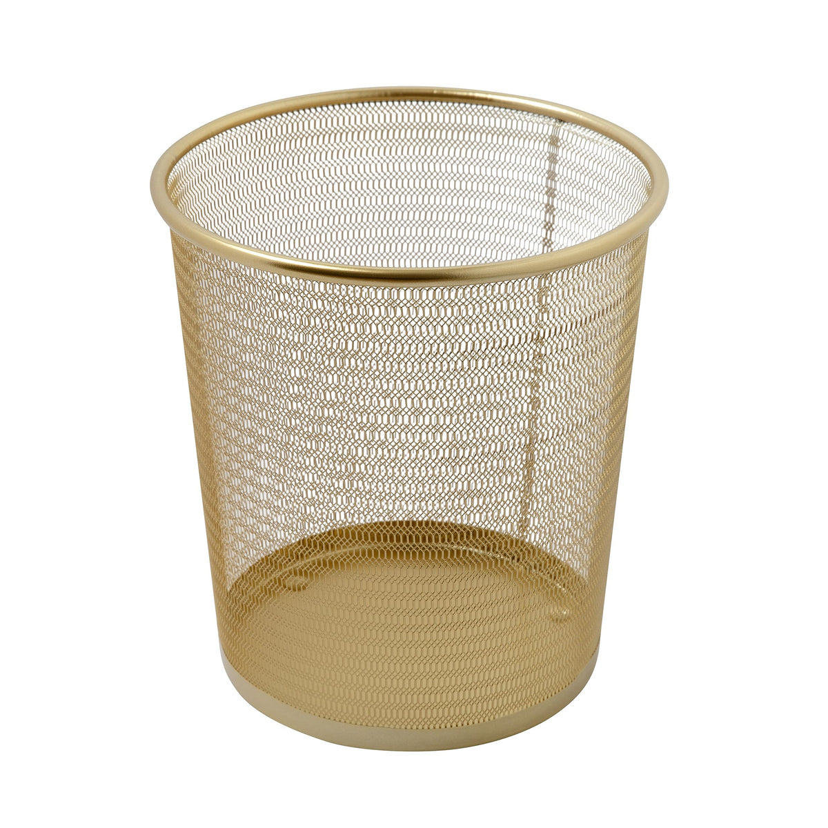 Martha Stewart Ryder gold mesh trash can front view highlighting compact 4.5 gallon capacity