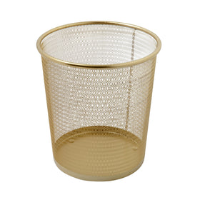 Martha Stewart Ryder gold mesh trash can front view highlighting compact 4.5 gallon capacity