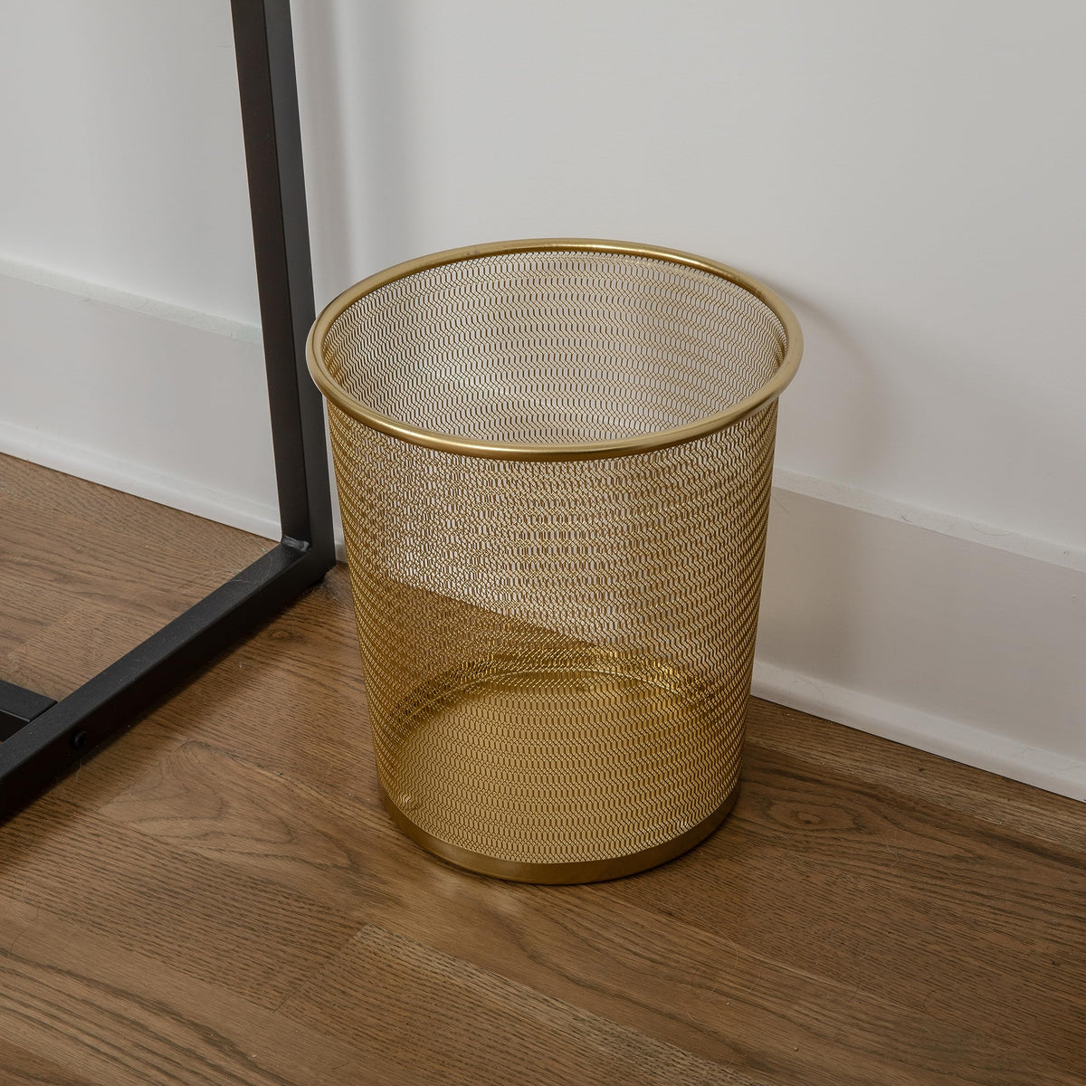Martha Stewart Ryder gold mesh trash can desk corner for tidy workspaces