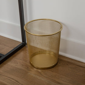 Martha Stewart Ryder gold mesh trash can desk corner for tidy workspaces