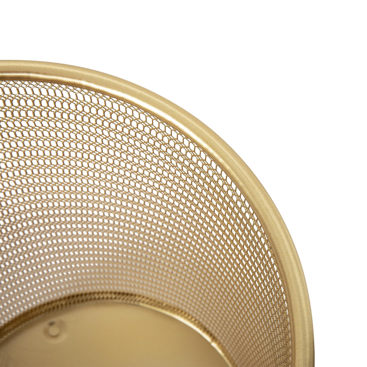 Martha Stewart Ryder gold mesh trash can easy-clean surface with damp cloth