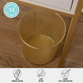 Martha Stewart Ryder gold mesh trash can front view with gold mesh detail