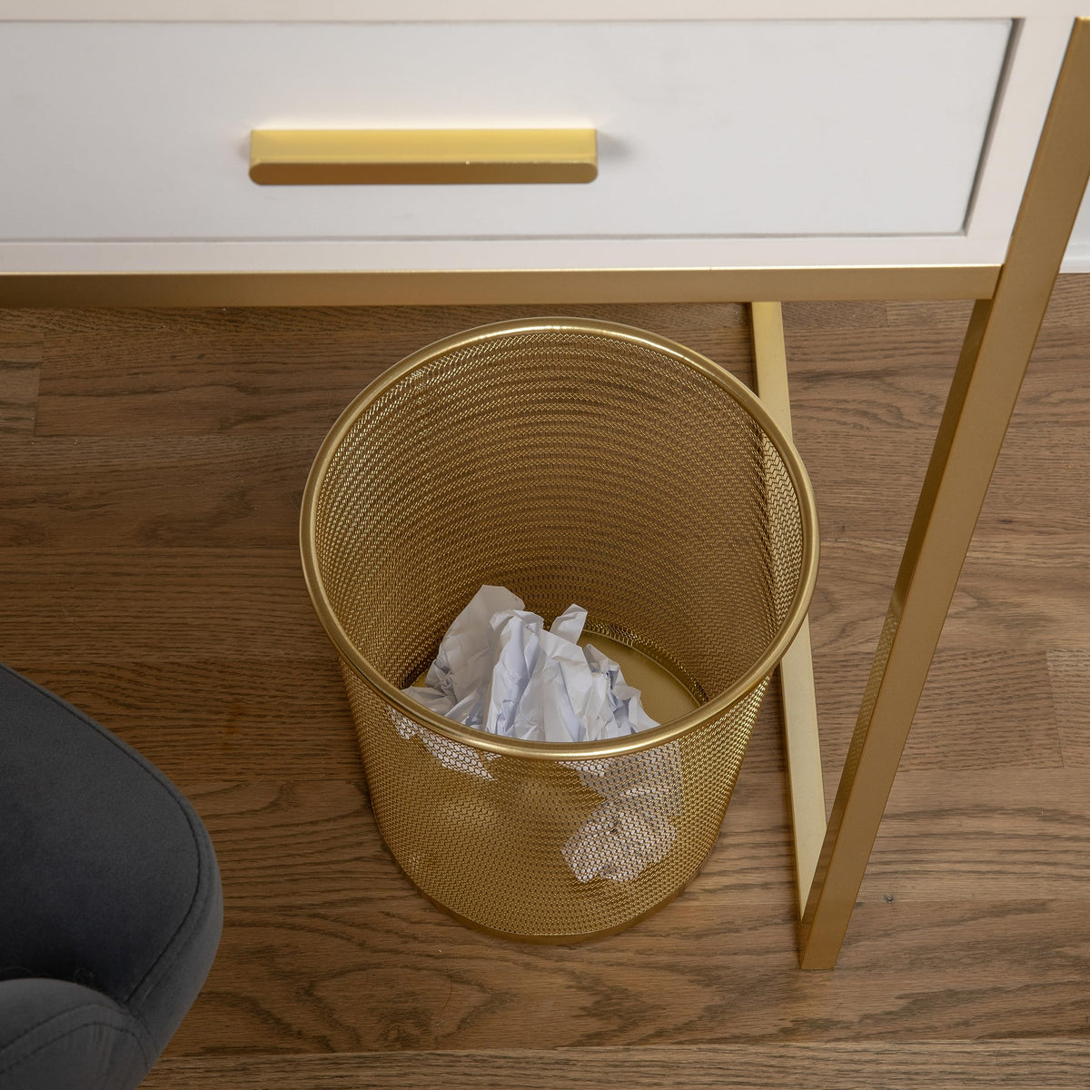 Martha Stewart Ryder gold mesh trash can side view showing slim profile for desks