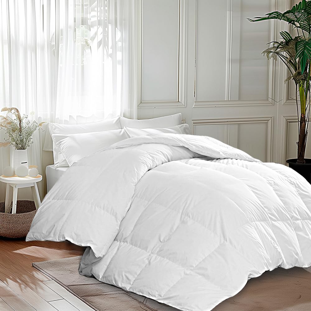 Martha Stewart White Goose Down Fiber Comforter close-up highlighting plush softness and breathable 100% cotton fabric.