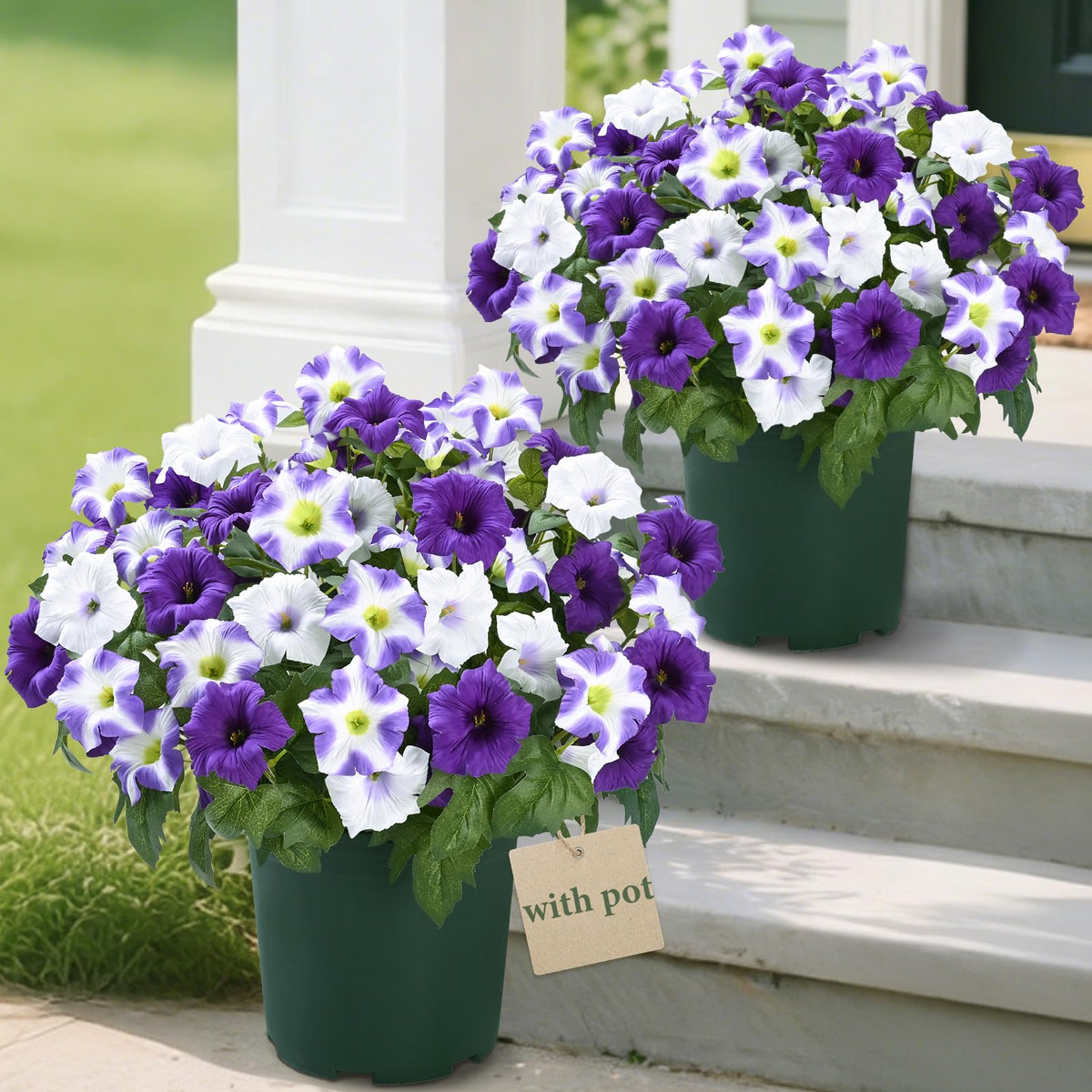 Martine Mall artificial outdoor flowers in a 20-inch petunia bloom in a pot for porch decor.