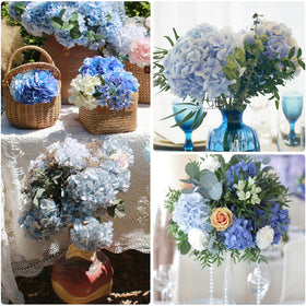 Martine Mall blue hydrangea artificial flowers brighten living spaces.