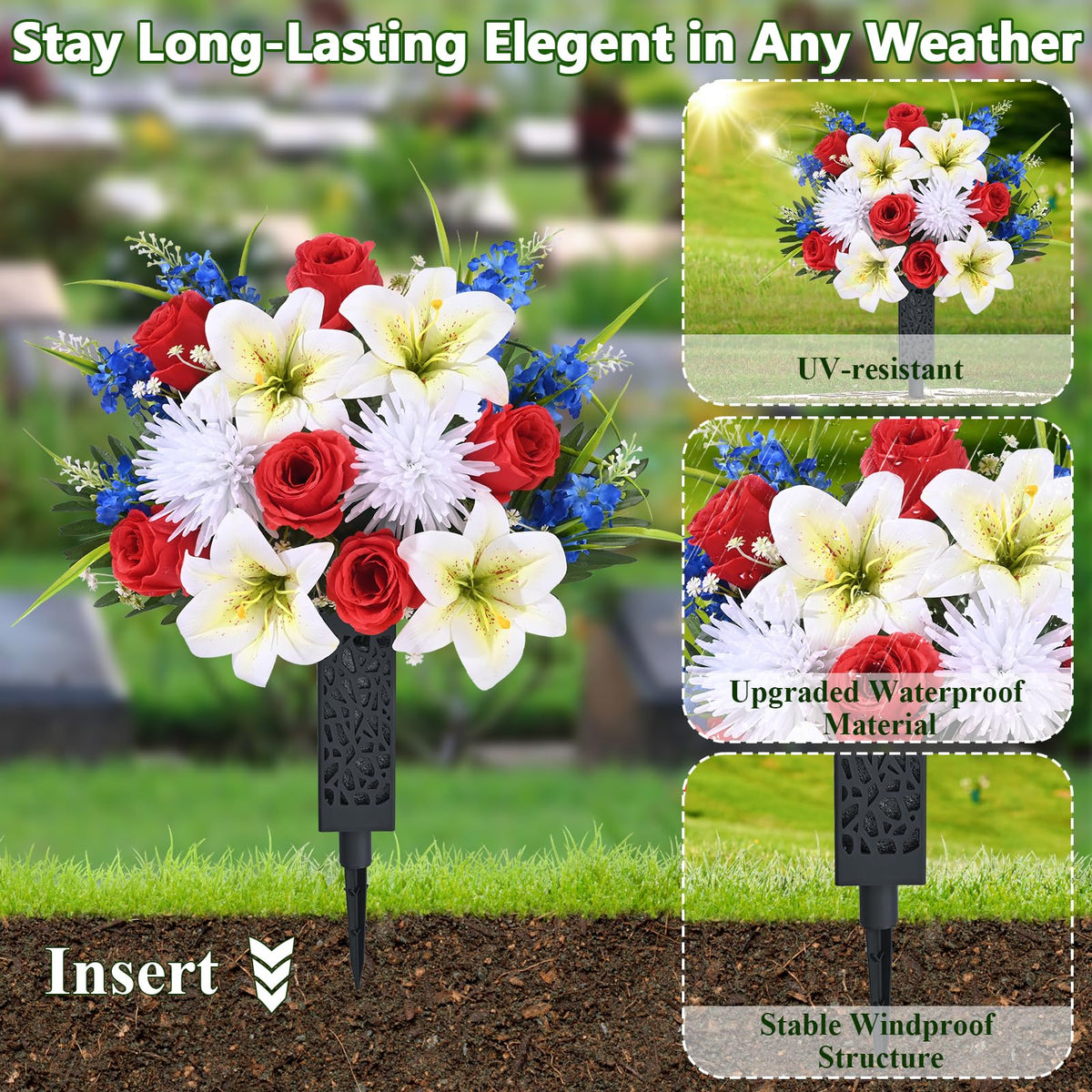 MARTINE MALL bouquets measure 26 inches by 14 inches for a balanced display.