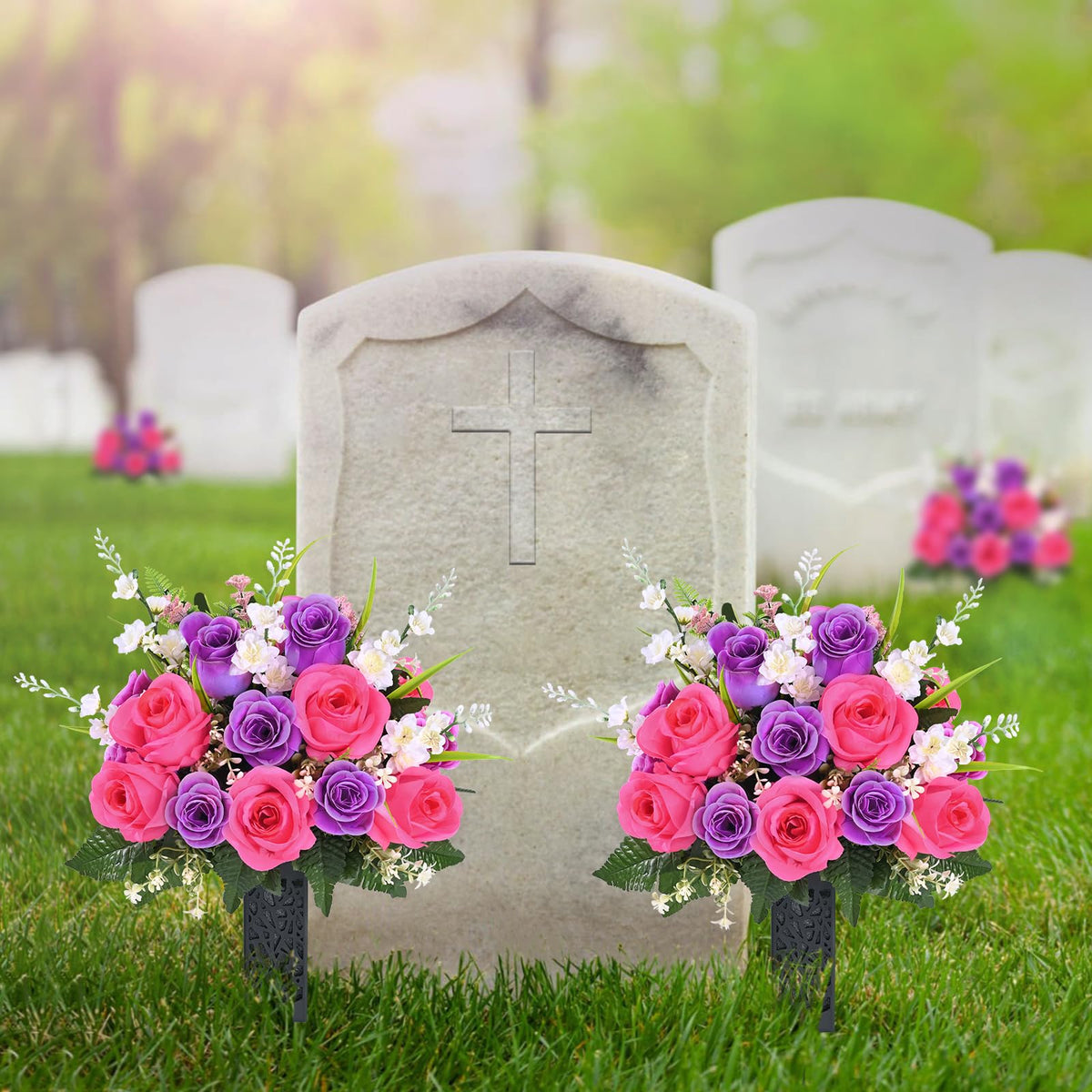 Martine Mall cemetery decor – stable arrangement withstands wind and weather.