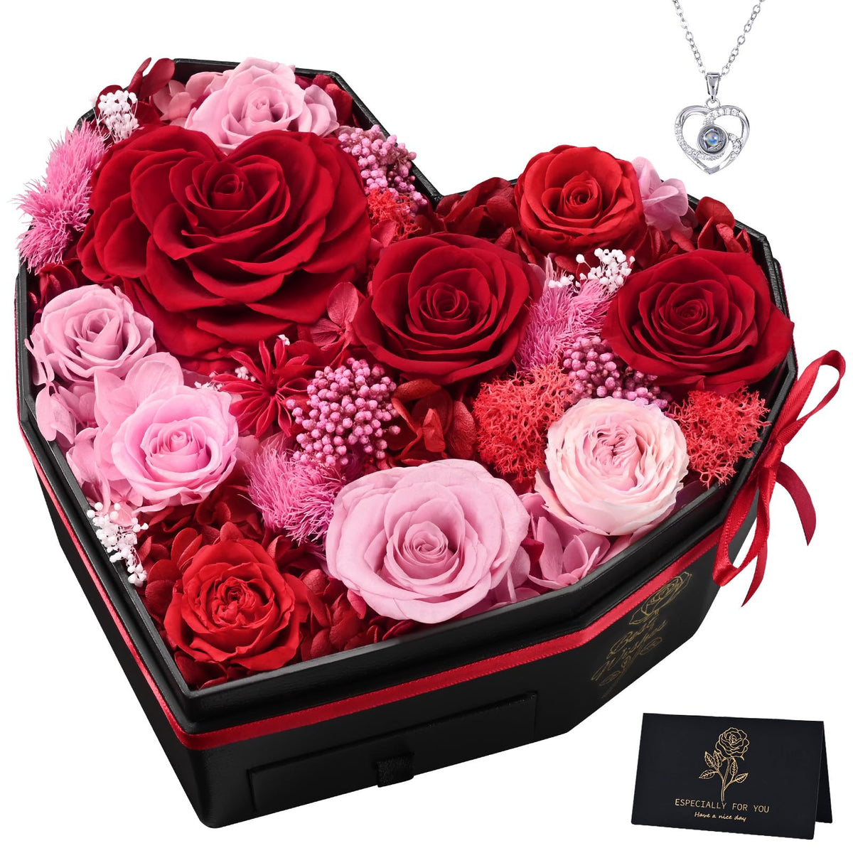 Martine Mall Forever Flowers in a diamond heart box, elegant keepsake for any occasion.